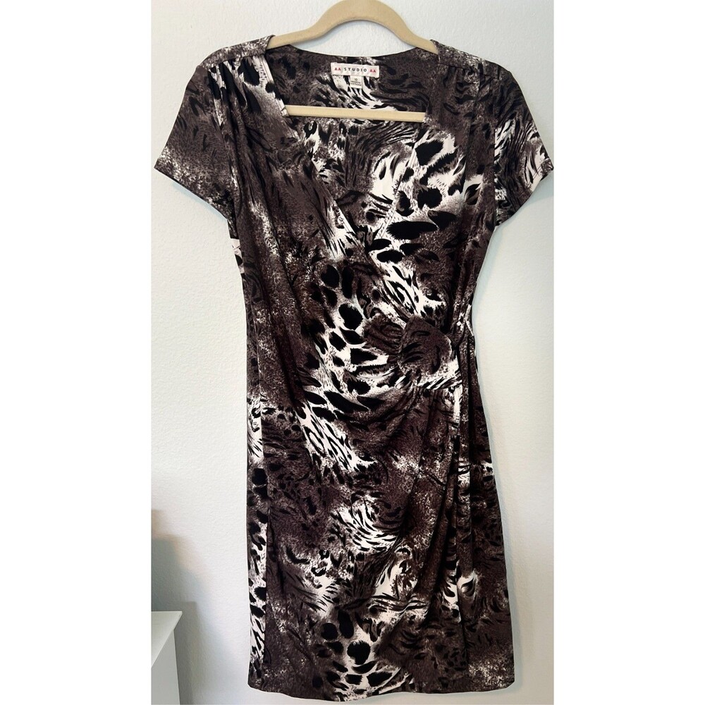 AA Studio AA Woman Black Sheath Faux Wrap  Dress Stretch Short Sleeve Size 10